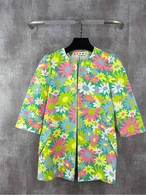 🚩steal Marni Bright Floral Zip-Front Trench Coat in Pink, Lime & Aqua